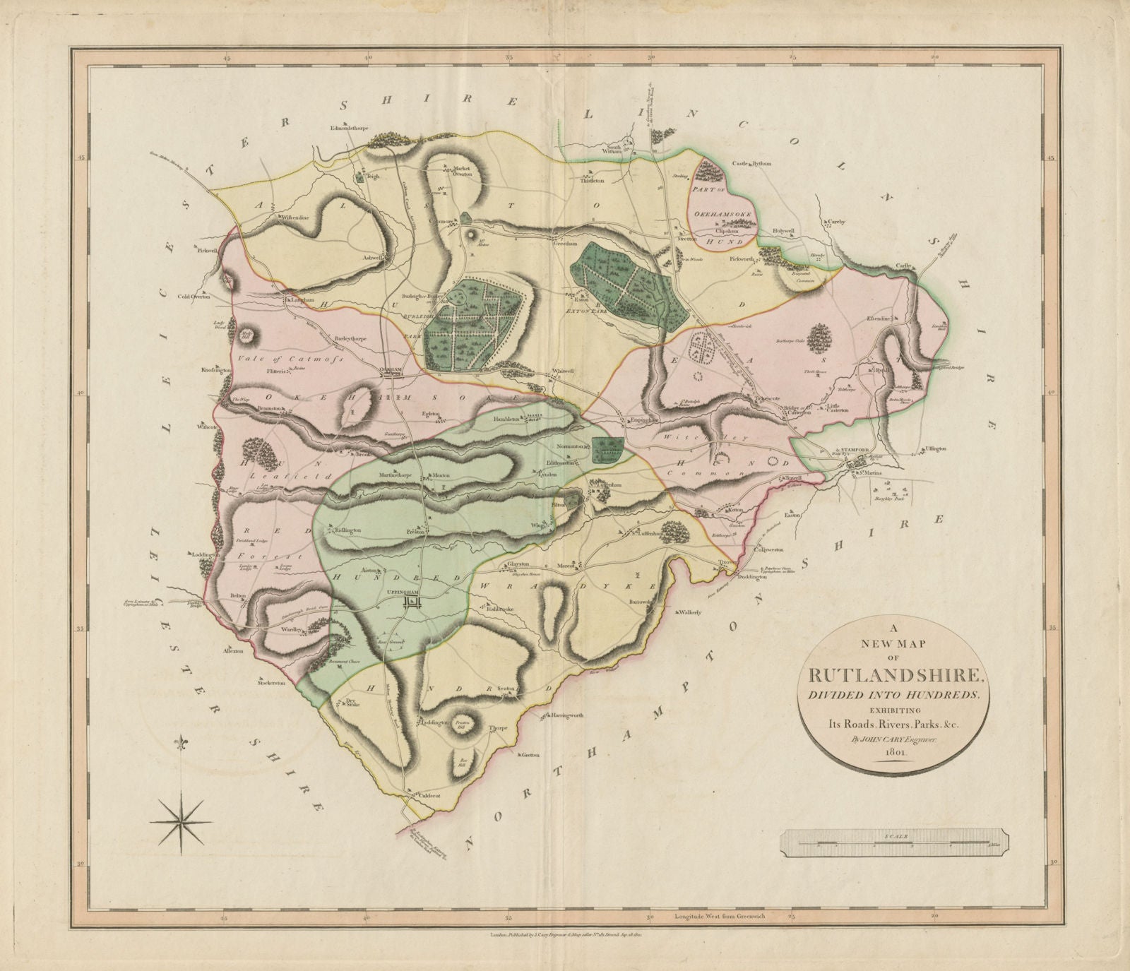 'A New Map of Rutlandshire', by John Cary. Oakham Uppingham. County map 1801